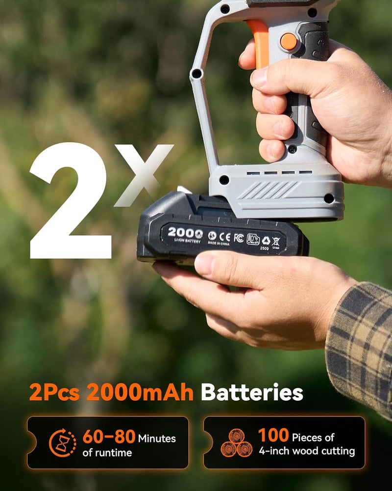 TaskStar 8-Inch Mini Chainsaw Cordless, Brushless Motor, 2×2000mAh Batteries, Lightweight Handheld Electric Chain Saw for Cutting Thick Branches, Tree Trimming, Wood Cutting, Easy to Use & Maintain - Image 4